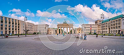 Panoramic view over the Brandenburg Gate Brandenburger Tor in Berlin historical and business downtown, Berlin, Germany, at Editorial Stock Photo
