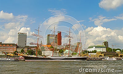 Panoramic view over busy harbor, downtown and historic center in Hamburg, Germany, summer Editorial Stock Photo