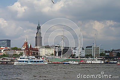 Panoramic view over busy harbor, downtown and historic center in Hamburg, Germany, summer Editorial Stock Photo