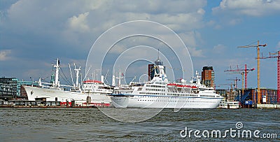 Panoramic view over busy harbor, downtown and historic center in Hamburg, Germany, summer Editorial Stock Photo