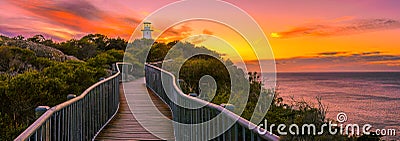 Panoramic view over Cape Tourville Lighthouse at sunrise Stock Photo