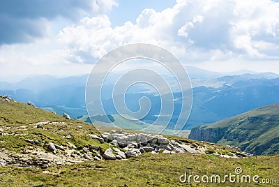 Panoramic view over the Carpatian mountains, green valleys and b Stock Photo