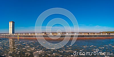Panoramic view over a famous wonder water bridge and ship navigation canal near Magdeburg at early Spring, Magdeburg, Germany Stock Photo