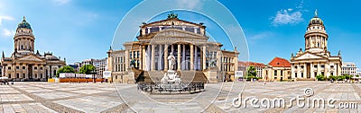 Panoramic view over the Gendarmenmarkt in Berlin with Concert Hall and French and German Cathedrals in historical and business Editorial Stock Photo