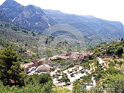 Panoramic view over the idyllic village of Fornalutx Stock Photo