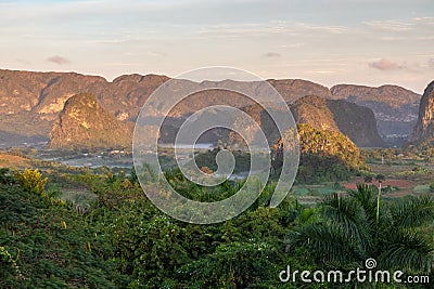 Panoramic view over landscape with mogotes in Vinales Valley, Cuba Stock Photo