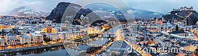 Panoramic view over Salzburg, Austria in winter time Stock Photo