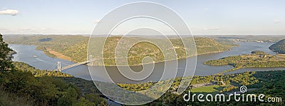 Panoramic view overlook in autumn of Bear Mountain Bridge and Hudson Valley and River at Bear Mountain State Park, New York Stock Photo