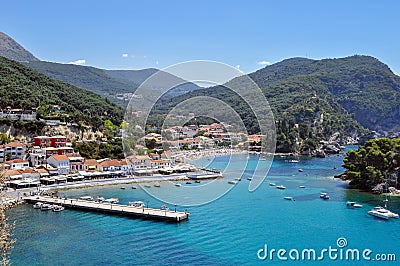 Panoramic view of Parga town in Epirus - Greece. Port, Krioneri beach, island of Panagia Stock Photo