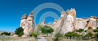 Panoramic view of Pasabagi in Cappadocia. Fairy Chimneys or peri bacalari. Stock Photo