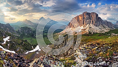 Panoramic view from Passo di Giau with Monte Formin Stock Photo