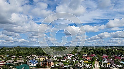 Panoramic view of Pereslavl Zalesskiy city and Plesheevo lake under cloudy dramatic blue sky Editorial Stock Photo