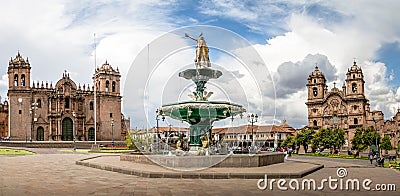 Panoramic view of Plaza de Armas with Inca fountain, Cathedral and Compania de Jesus Church - Cusco, Peru Editorial Stock Photo