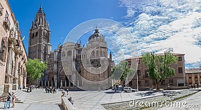 Panoramic view at the plaza del ayuntamiento in Toledo, Primate Cathedral of Saint Mary of Toledo main front facade, Santa Iglesia Editorial Stock Photo