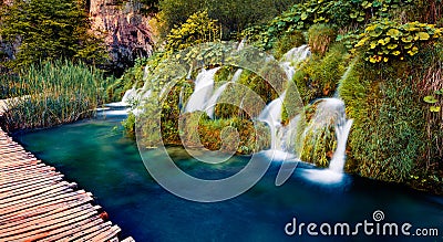 Panoramic view of Plitvice National Park at afternoon. Beautiful summer scene of pure water waterfalls. Splendid landscape of Croa Stock Photo