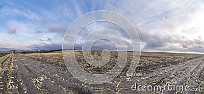 Panoramic view of plowed fields in morning fog Stock Photo