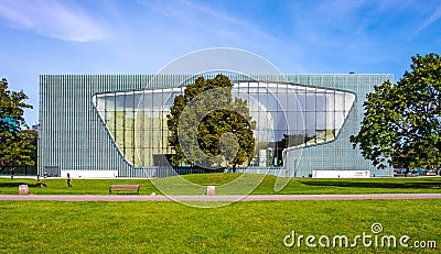 Panoramic view of POLIN Museum of the History of Polish Jews in historic Jewish ghetto quarter in city center of Warsaw in Poland Editorial Stock Photo