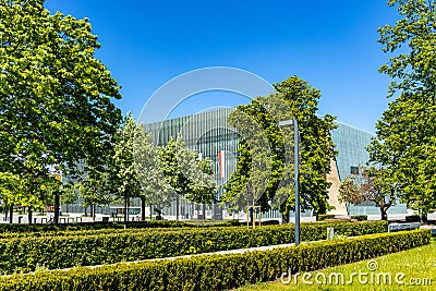 Panoramic view of POLIN Museum of the History of Polish Jews in historic Jewish ghetto quarter in Warsaw city center, Poland Editorial Stock Photo