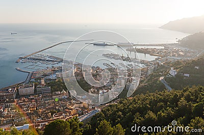 Panoramic view of the port of Salerno from the top of Arechi Cas Stock Photo
