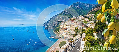 Panoramic view of Positano with comfortable beaches and blue sea on Amalfi Coast in Campania, Italy. Amalfi coast is popular Stock Photo