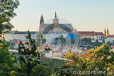 View of the Prague Castle in the sunshine with trees and shrubs in the foreground Stock Photo