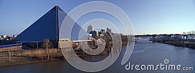 Panoramic view of the Pyramid Sports Arena in Memphis, TN with statue of Ramses at entrance Editorial Stock Photo