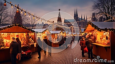 A panoramic view of a quaint Christmas market square Stock Photo