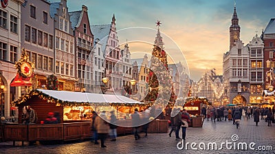A panoramic view of a quaint Christmas market square, Stock Photo