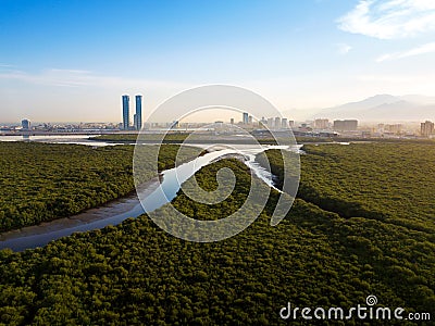 Panoramic view of Ras al Khaimah over mangrove forest in the UAE Stock Photo