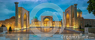 Panoramic view of Registan square, Samarkand, Uzbekistan with three madrasahs: Ulugh Beg, Tilya Kori and Sher-Dor Madrasah Stock Photo