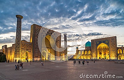 Panoramic view of Registan square, Samarkand, Uzbekistan with three madrasahs: Ulugh Beg, Tilya Kori and Sher-Dor Madrasah Editorial Stock Photo