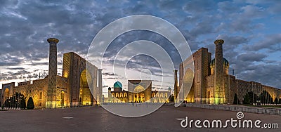 Panoramic view of Registan square, Samarkand, Uzbekistan with three madrasahs: Ulugh Beg, Tilya Kori and Sher-Dor Madrasah Stock Photo