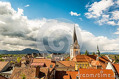 Panoramic view of residential district with a church tower Stock Photo