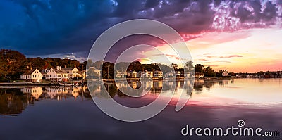 Panoramic view of residential homes by the Mystic River Stock Photo