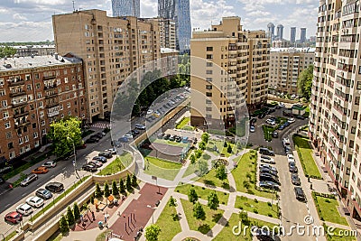 Panoramic view of residential multi-storey buildings in Moscow with streets and yards Editorial Stock Photo