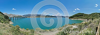 Panoramic view at the Riaño Reservoir, located on Picos de Europa or Peaks of Europe, a mountain range forming part of the Stock Photo