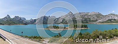 Panoramic view at the Riaño Reservoir, located on Picos de Europa or Peaks of Europe, a mountain range forming part of the Stock Photo