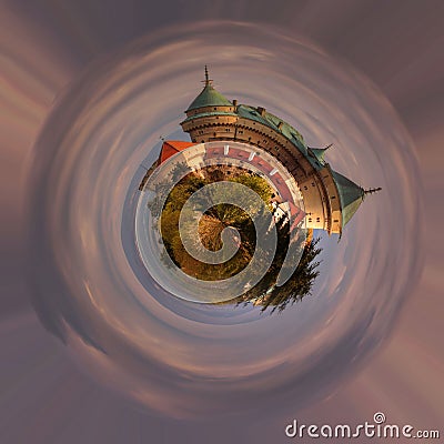 A panoramic view of romantic castle at 360 degree, mini planet. Stock Photo