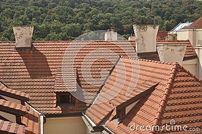 Panoramic view of the roofs of Prague from a bird`s eye view Stock Photo