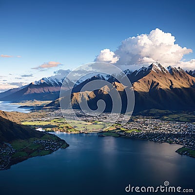 Panoramic view from Roy's Peak, Wanaka, South Island, New Zealand made with Generative AI Stock Photo