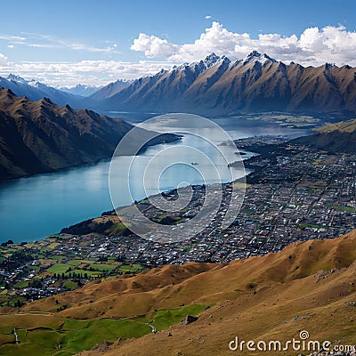 Panoramic view from Roy's Peak, Wanaka, South Island, New Zealand made with Generative AI Stock Photo