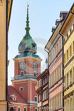 Panoramic view of Royal Castle Square - Plac Zamkowy â€“ and Zamek Krolewski seen from Swietojanska street in Stare Miasto Old Editorial Stock Photo