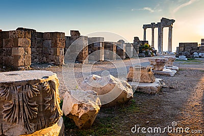 Panoramic view of ruins of ancient Temple of Apollo in Side on sunset, Alanya province, Turkey. Ruined old city. Unesco Stock Photo