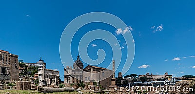 Panoramic view of the ruins of the forum of the time of the Roman Empire, with tourists visiting it Stock Photo