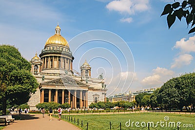 Panoramic view on Saint Isaac& x27;s Cathedral. Isaakievskiy Sobor with green lawn in summer, St. Petersburg, Russia. Editorial Stock Photo