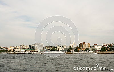 Panoramic view of Samara with the river station and several ships. Editorial Stock Photo