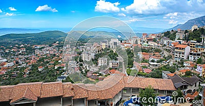 Panoramic view, Scene with Kruja castle and Kruja old village, Bazaar street, fort, Tirana in Albania. Stock Photo