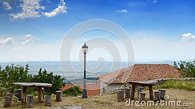 Panoramic view, Scene with Kruja old building village, Bazaar street,fort, Tirana in Albania. Stock Photo