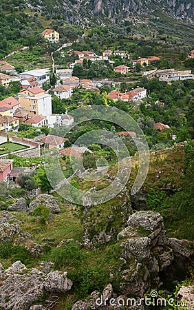Panoramic view, Scene with Kruja old building village, Bazaar street,fort, Tirana in Albania. Stock Photo