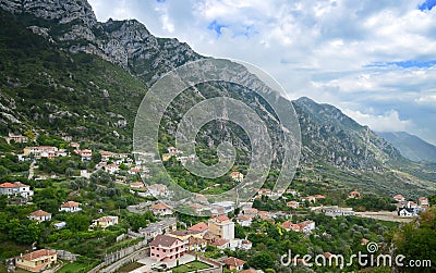 Panoramic view, Scene with Kruja old building village, Bazaar street,fort, Tirana in Albania, near Ishem River,Inhabited by the Il Stock Photo
